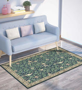 Machine washable botanical area rug in earthy tones.